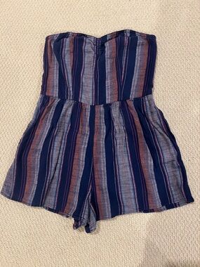 American Eagle Strapless Striped Romper Size 2 Navy Rust Blue Pockets Summer